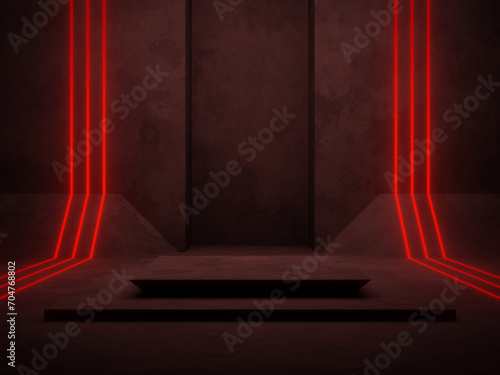 Cement podium with red neon lights.