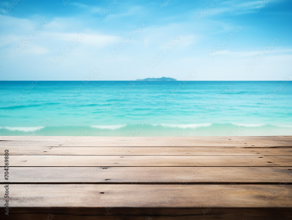 Fototapeta premium Wooden table with blurred beach and ocean background