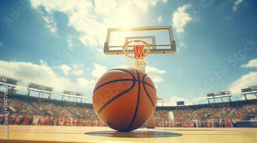 photo of a basketball floating in the air, ready to be put in the basket, with a busy stadium in the background. generative ai