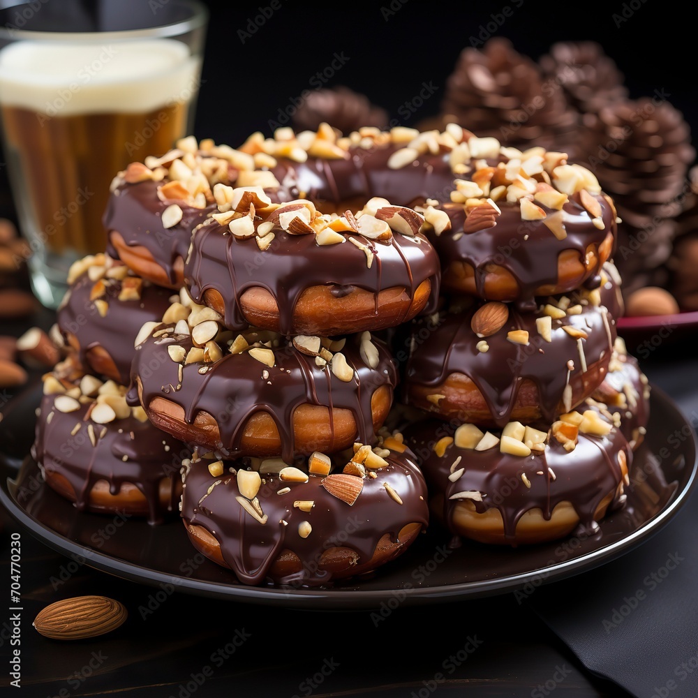 Chocolate covered donuts with nuts on a dark surface,Chocolate day, Valentines Day, Valentines week Chocolate covered donuts with nuts on a dark surface,Chocolate day, Valentines Day, Valentines week