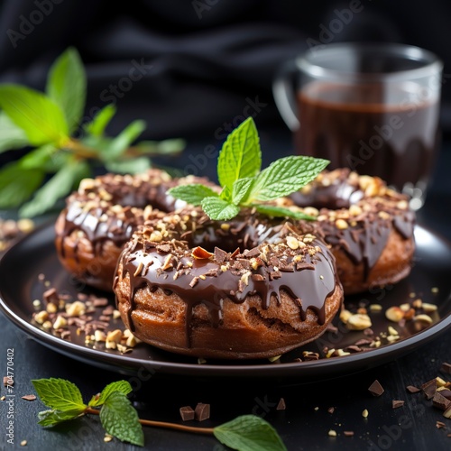 Chocolate donuts with nuts on a dark background stock photograph ,Chocolate day, Valentines Day, Valentines week 