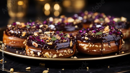 Chocolate donuts with nuts on a dark background stock photograph  Chocolate day  Valentines Day  Valentines week 