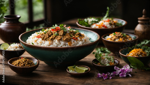 a tempting spread of Rice Thai dishes arranged artfully on a rustic wooden table highlight the vibrant colors and textures that make Thai cuisine a visual delight