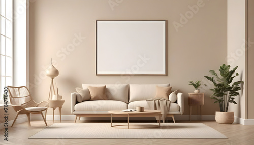 Frame-mockup-in-interior-background--beige-room-with-modern-furniture--3d-render