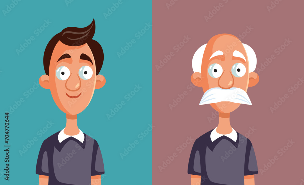 Young and Old Man Comparison Vector Concept Illustration. Gracefully aging process dealing with changes with physical appearance 
