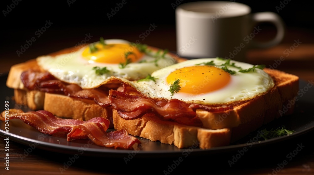 Toasted bread with bacon and fried egg