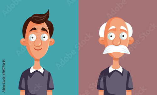 Young and Old Man Comparison Vector Concept Illustration. Gracefully aging process dealing with changes with physical appearance 
