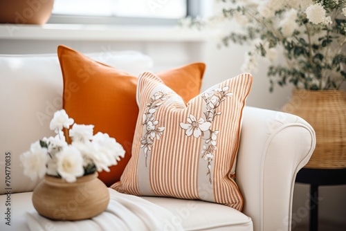 Orange and white striped floral throw pillows on a white couch with a vase of white flowers photo
