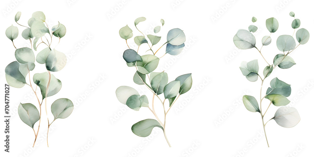 Watercolor silver dollar eucalyptus with round leaves and branches - obrazy, fototapety, plakaty 