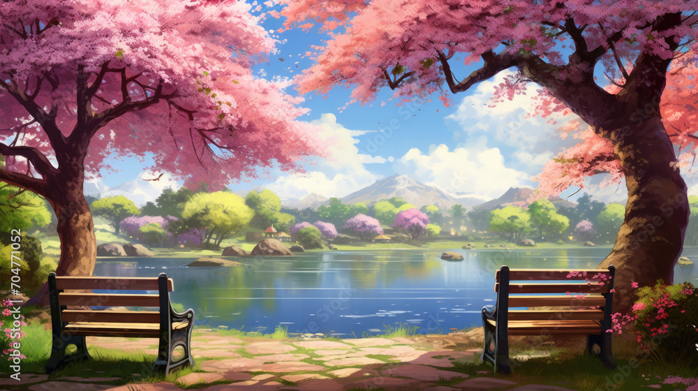 Serene park with blooming cherry trees by tranquil lake. Peaceful nature escape.