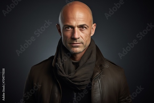 Portrait of a bald man in a leather jacket and scarf.