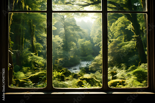 Window empty brown wooden with morning sunlight outside. And green forest and trees are blurred in the background. Realistic color clipart template pattern.
