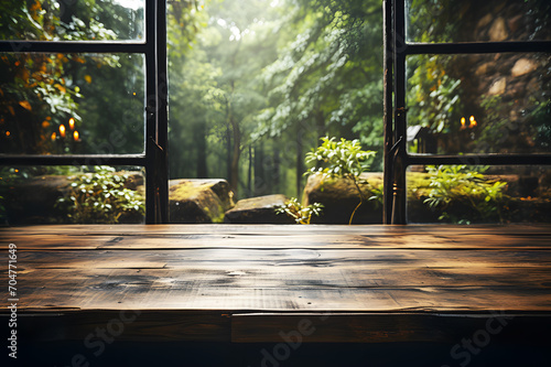 Empty brown wooden floor or table at front window with morning sunlight. Forest green and trees are blurred in the background. Realistic color clipart template pattern. 