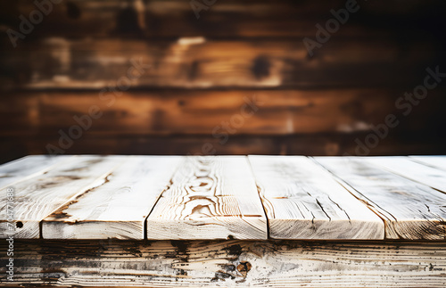 Empty dark brown wooden floor or table. Wall of natural dark wooden boards is blurred background. Vintage design of house or studio indoor. Design, advertising. Realistic template pattern. 