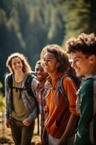 Multiracial group of friends hiking in the woods