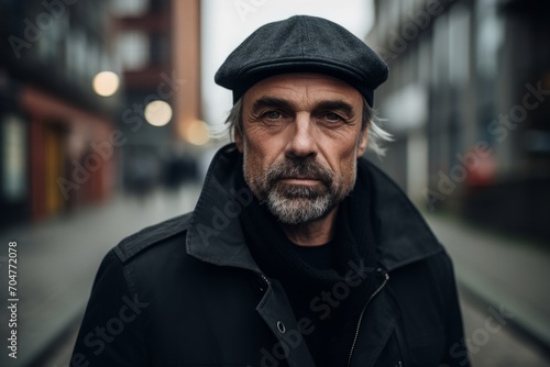 Portrait of a senior man in a black coat and cap on the street