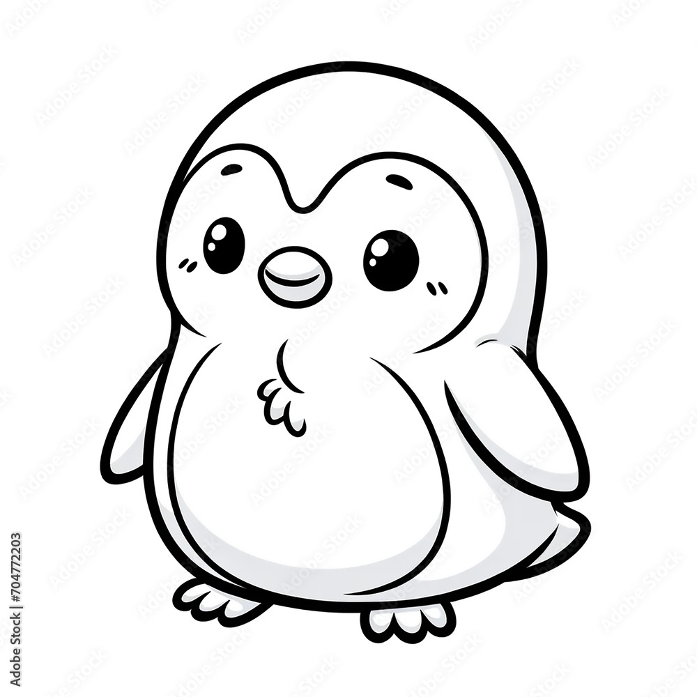 Here is the 2D cartoon-style drawing of a penguin in white color on a white background, designed for coloring by kids, shown in a 45-degree angle view. Here is the 2D cartoon-style drawing of a penguin in white color on a white background, designed for coloring by kids, shown in a 45-degree angle view.
