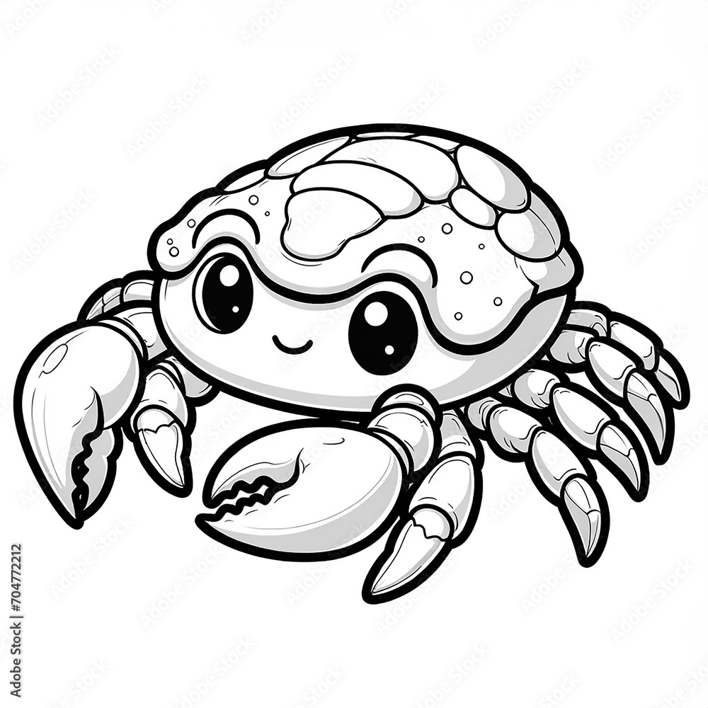 Obraz premium Here is the 2D cartoon-style drawing of a queen crab in white color on a white background, designed for coloring by kids, shown in a 45-degree angle view.