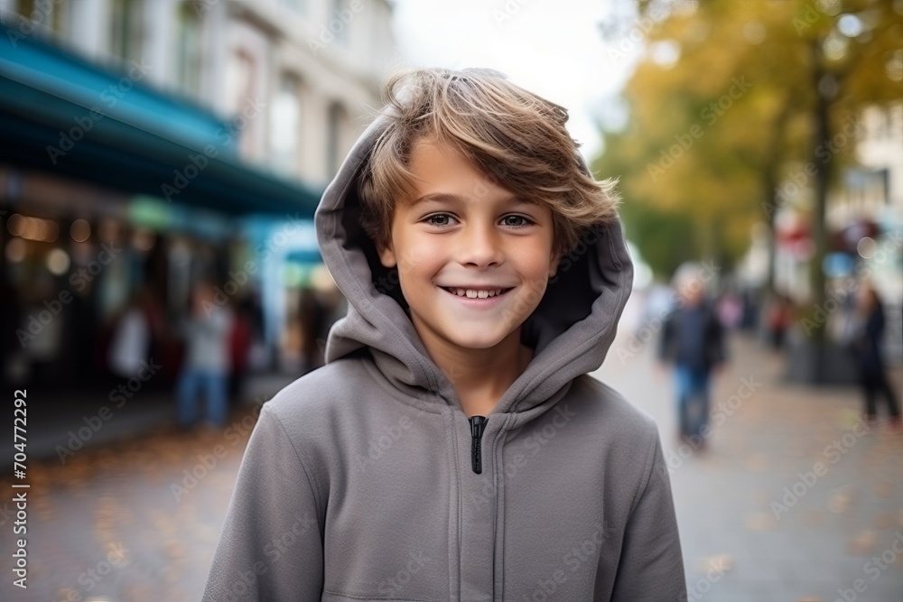 Portrait of a smiling little boy in hoodie on the street