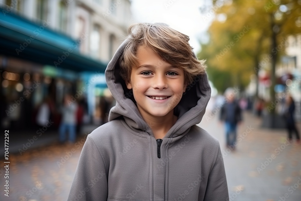 Portrait of a smiling little boy in hoodie on the street Portrait of a smiling little boy in hoodie on the street