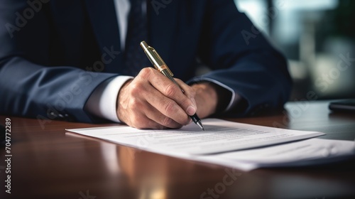 Businessman signing a contract document paper close-up. Generative ai