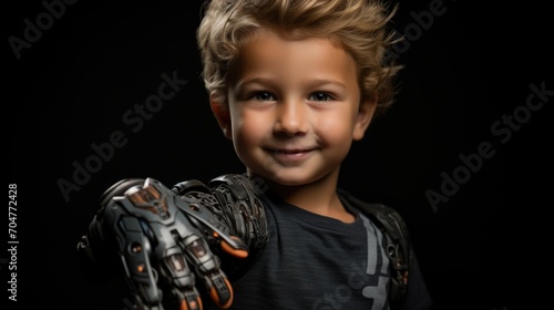 The little boy proudly shows his prosthetic bionic hand. Generative ai photo