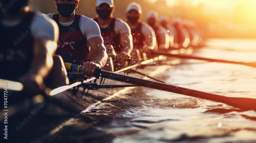 Men's rowing team in action morning on the river. Generative ai - obrazy, fototapety, plakaty 