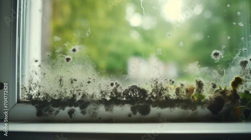 Black mold fungus growing on a glass window. Generative ai photo
