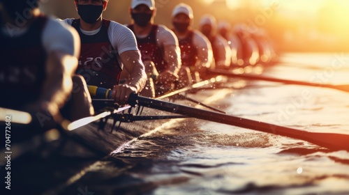 Men's rowing team in action morning on the river. Generative ai