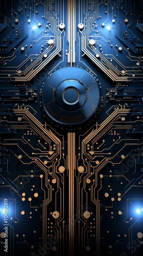 Blue and gold circuit board with a round lock in the center