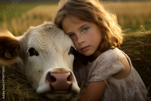 A girl leans tenderly against a cow in a field. The concept highlights harmony with nature.