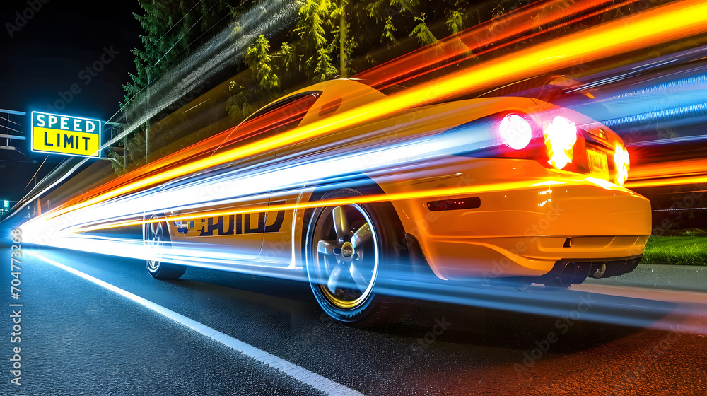 Yellow sports car in motion at night with light trails in the background.