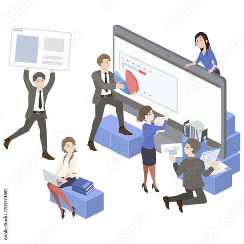 アイソメトリックで描いた働く会社員のイラスト