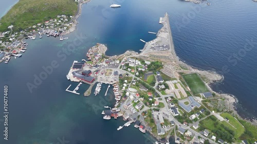 Reine Aerial View at Reinebringen, Lofoten Islands Archipelago, Norway, Scandinavia - 4k Reveal Tilting Up photo