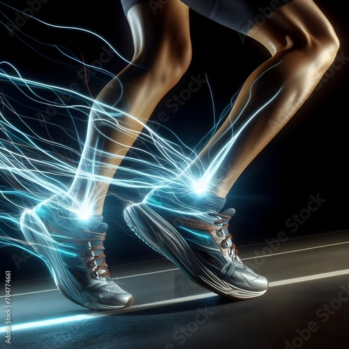 Back view of runner shoes with energy lines flowing out on black background, sports motion action concept