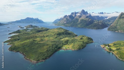 Lofoten Islands Scenic Nature Landscape and Fjords at Trollfjord, Norway - Aerial 4k Circling photo