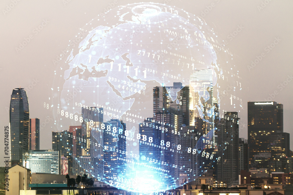 Multi exposure of abstract software development hologram and world map on Los Angeles skyscrapers background, global research and analytics concept