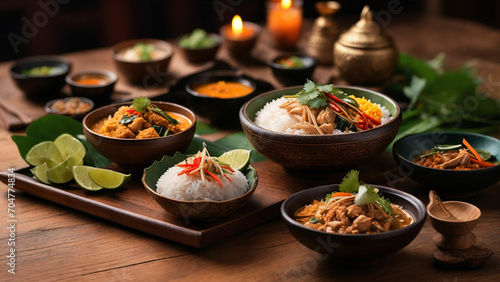 Set the stage for a sensory journey with Rice Thai Food photos on a warm wooden table the intricate details of each dish, emphasizing the textures and colors that make Thai cuisine a feast for the eye