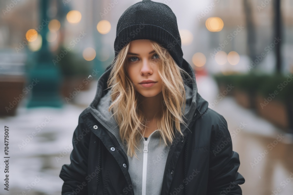 Portrait of a beautiful young woman in a black coat on the background of a winter street