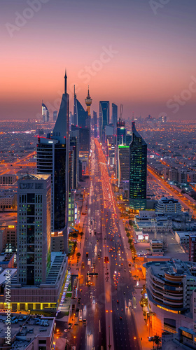 Riyadh City Skyline at Dusk with Dazzling Lights and Modern Architecture, A Stunning Urban Panorama photo