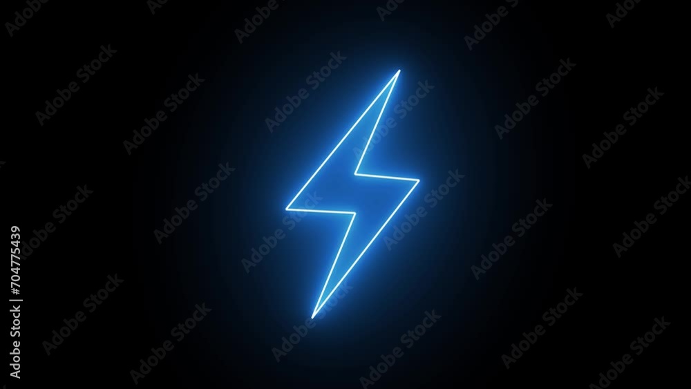 Blue color neon lightning bolt, glowing sign. Abstract neon battery charging icon illustration 4k on black background Blue color neon lightning bolt, glowing sign. Abstract neon battery charging icon illustration 4k on black background