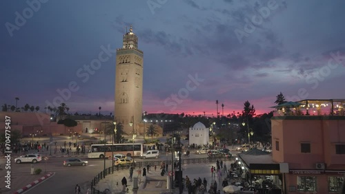 Medina Marrakesh, Morocco Old Town Cityscape and Minaret de la Koutoubia during Sunset photo