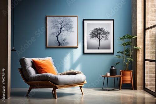 Blue room with sofa and tree paintings