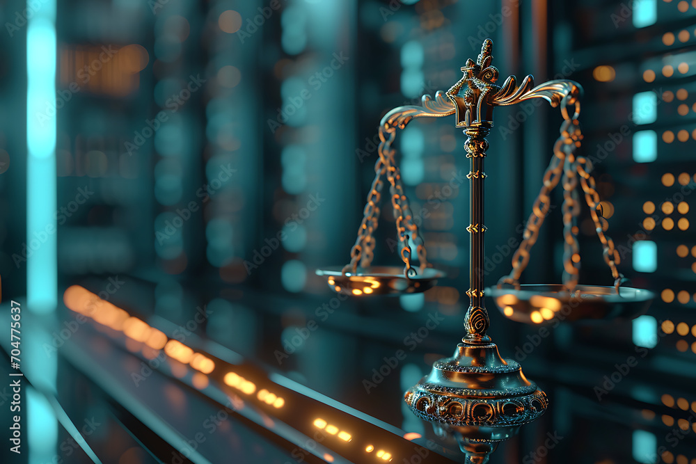 Law scales on background of data center. Digital law concept of duality ...