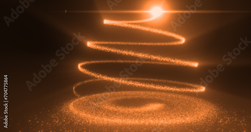 Abstract yellow orange flying line of dots and luminous particles of energetic magical bright spirals in the shape of a Christmas New Year tree