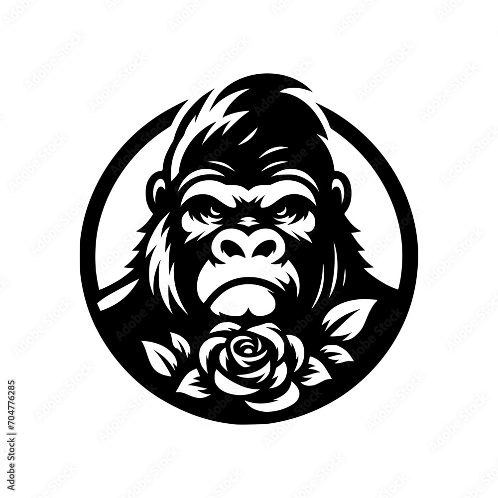 Obraz premium Vector logo of a raging gorilla. Professional logo of a chimpanzee. Black and white logo of an ape isolated on white background.