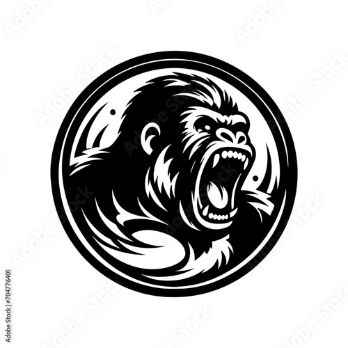 Vector logo of a raging gorilla. Professional logo of a chimpanzee. Black and white logo of an ape isolated on white background.