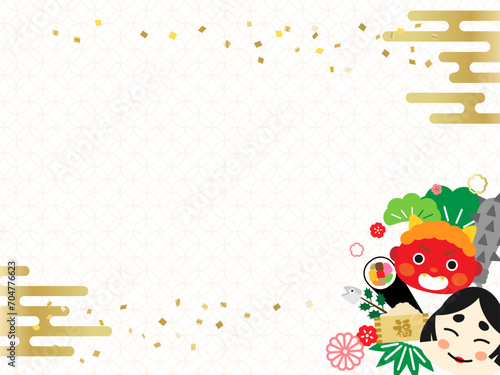 かわいい節分のシンプルな背景　笑う赤鬼や福の神と豆
