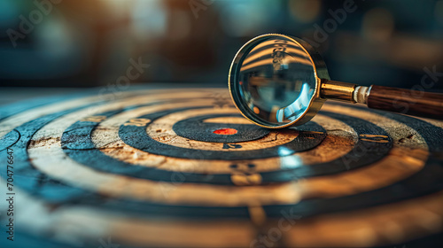 Close-up of a magnifying glass on a target, captures a focused view on a target. Suitable for illustrating precision, goal setting, marketing, success, and detective concepts in design projects. photo