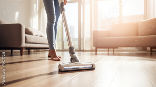 Person confidently wields a vacuum cleaner, ensuring a spotless living space. photo